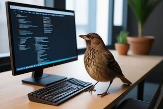 A small brown bird with weird AI-generated feet is standing in front of a computer screen as if it’s reading. But it’s not. It’s a bird.