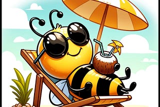 A cartoon of a very relaxed bee basking in the sun and sipping a drink