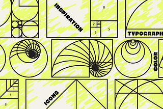 A beige background with line-illustrations in black and neon yellow. The words Inspiration, Icons, Imagery, and Typography is shown within the shapes.