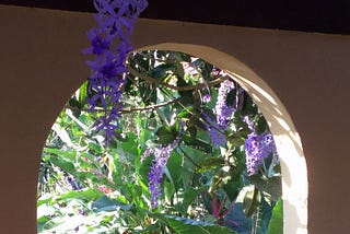 View through a brown archway with cream colored highlights, looking into tropical landscape of broadleaf greenery with sprays of purple flowers.