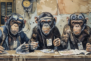 Three monkey newscasters at the news desk looking unhappy.