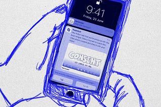 Sketch of someone holding a phone in blue and gray. In the phone is an alert message along with a link to a video.
