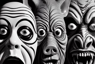 Three black & white masks, one with a surprised expression, one is a pig face, and one is a monster with fangs