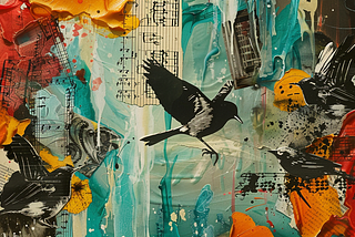 Colorful collage of birds, musical notes, and paper.