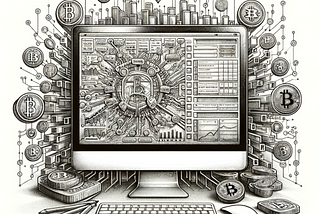 Black and white pencil sketch of a complex fund flow graph on a computer screen, surrounded by blockchain symbols and transaction data.