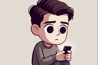 A dejected cartoon of a young man staring at his iPhone
