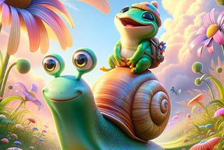 A whimsical, fantasy picture of a happy frog riding a snail.