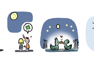 Four spot illustrations about the moon by illustrator Mark Armstrong. Doo-wop group singing, “There’s a moon out to-nite,” boy telling girl moon is made of green cheese, two ducks on pond kissing beneath full moon, moon telling sun, “Sorry, bubba” before eclipsing him.