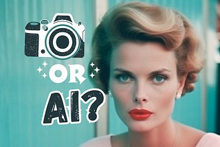 AI-generated image of a woman with graphics of a camera and text ‘or ai?’ questioning if it’s a photo or AI-generated”