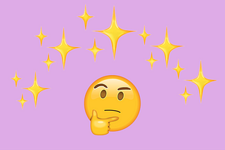 A thinking face emoji looks up at an array of sparkle emojis on a purple background.