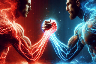 two people holding hands in an arm wrestle position with blue and red energy exhuming from both.