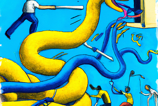Programmers fighting blue and yellow snake monsters.