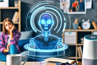 A futuristic home setup with an AI-powered assistant managing various tasks through a holographic interface. The AI is shown interacting with devices like a smart speaker, smart watch, computer, and smartphone. A person watches with a thoughtful expression. The background includes books, a calendar, and a family photo, illustrating personal integration and the everyday use of AI technology in a cozy home setting.