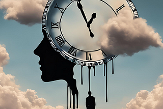 Melting clock with silhouettes of people and clouds.