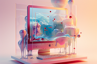 surreal fantasy, translucent computer, with creativity ideas surrounding, dreamy pastel color palette, fancy and aesthetic, splashing, soft lighting