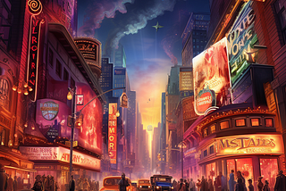 A scenic digital art piece of a theater district at night.