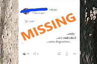 An image of the medium comment with the word ‘missing’ struck across it in bold red lettering. The background is a tree trunk.