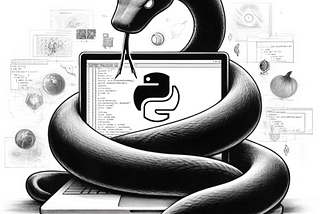 Black and white pencil sketch of a Python snake wrapped around a computer displaying code, with subtle dark web elements and the Tor logo.