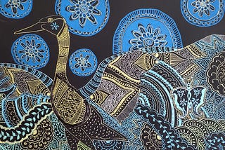Illustration of a large bird spreading its wings. Light blue, yellow, and brown lines (with the dark blue background showing through) form ornate patterns on its feathers. Behind it float blue circles of various sizes that look like doilies.