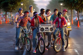 Group of kids from the 1980s riding bikes with a boombox