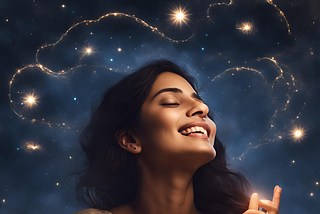 Image of woman in bliss, night sky behind her.