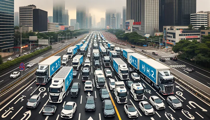 ChatGPT & DALL-E generated panoramic image of a traffic jam with only hydrogen-powered trucks and cars