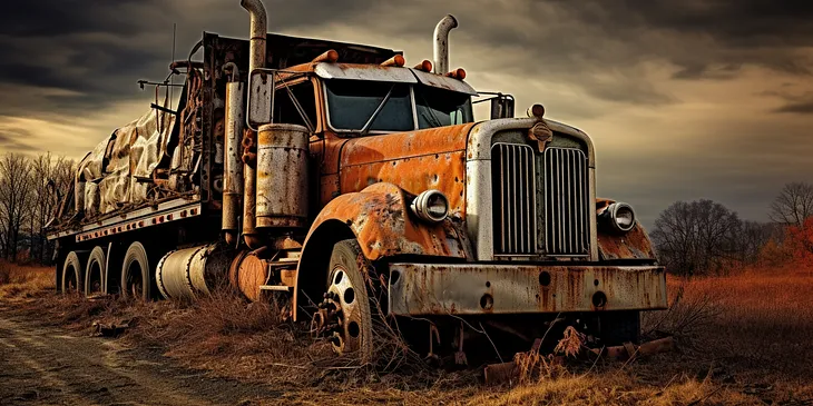 Midjourney generated image of diesel semi truck rusting by the side of the road