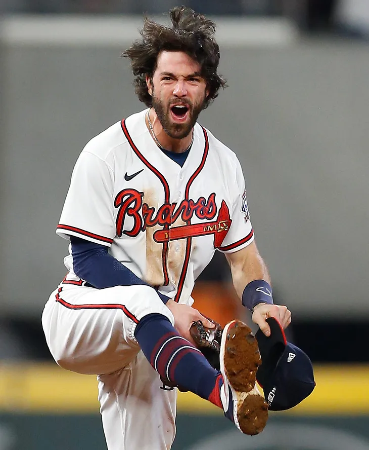 Dansby Swanson celebrating the last out of the 2021 NLCS.
