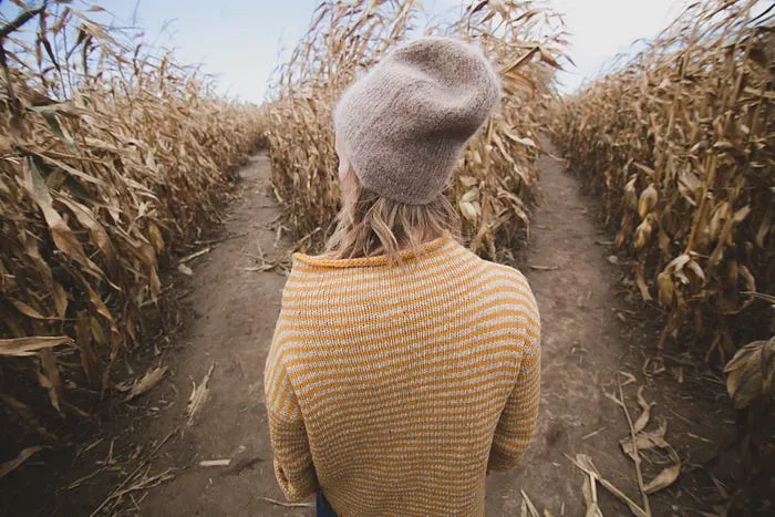Photo taken from the back of a young woman standing between the rows of dried cornstalks, her shoulders slumped, staring in sad contemplation.