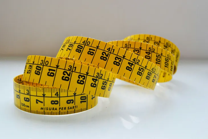 Yellow measuring tape on neutral background
