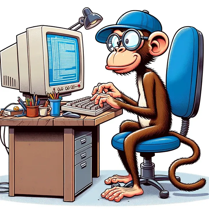 IMAGE: A cartoon-style illustration of a monkey typing on a computer