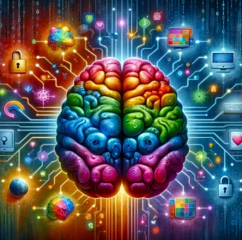 AI generated image of a brain connected to computers, padlocks and other electronics