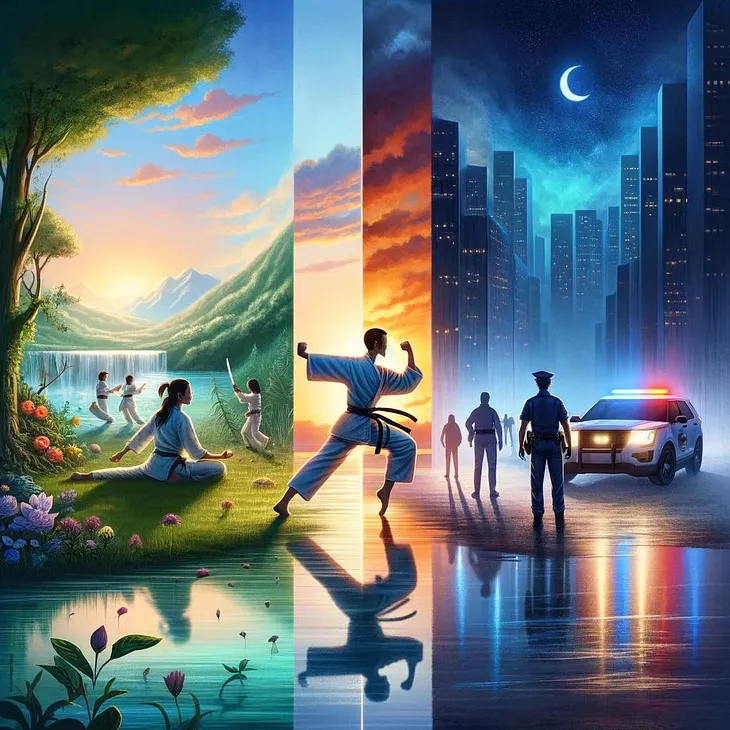 An illustrative triptych of a personal journey. The first panel shows a person practicing karate in a garden, symbolizing growth. The second panel features a peaceful beach at sunrise, indicating recovery. The final panel depicts a chaotic urban scene with police lights, representing struggle and trauma. The colors transition from greens to pastels to blues, reflecting emotional evolution.