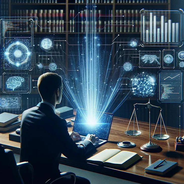 An image generated by Artificial Intelligence showing an “AI Lawyer” carrying out multiple tasks simultaneously using the scaling power of AI