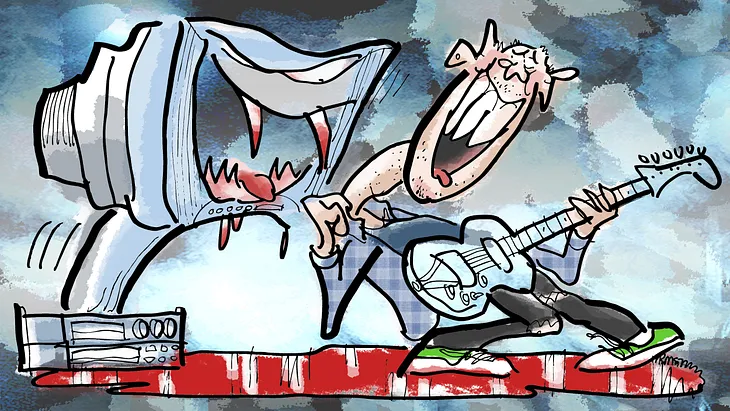 Cartoon illustration by illustrator Mark Armstrong. Grunge rocker with guitar dressed in torn jeans and a flannel shirt, standing in pool of blood. He’s standing next to a computer and pulling down his shirt collar, exposing his neck. Computer monitor has pair of fangs and is leaning forward to bite his neck.