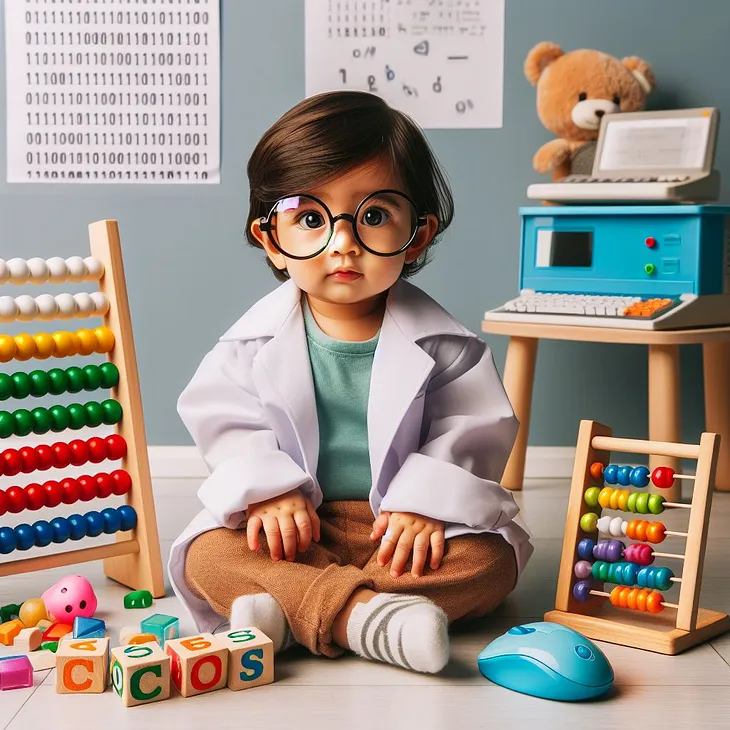 A young child dressed up as a scientist, with a lab coat and glasses, sits on the floor surrounded by educational toys, including blocks with letters, an abacus, and a child’s laptop.