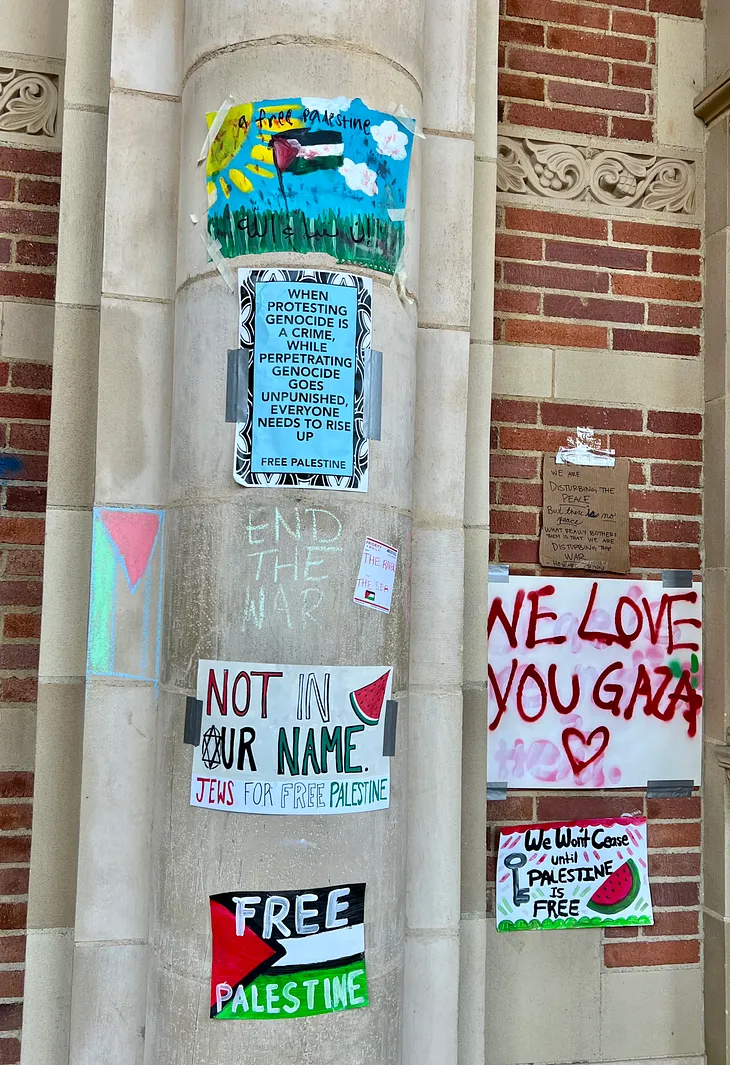 Posters supporting Palestine hanging at UCLA’s Royce Hall