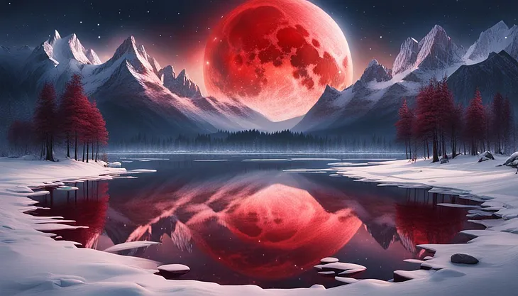 A Blood Moon rises over a half-frozen lake between the snow-capped mountain peaks. Trees with crimson leaves rest by the water’s edge.