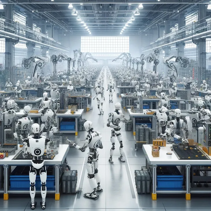 IMAGE: A hyper-realistic image showcasing numerous robots working efficiently in a modern factory setting, highlighting a positive and advanced vision of automation