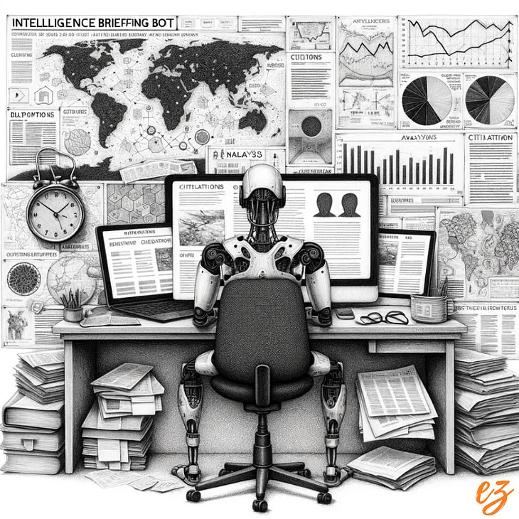 Intricate black and white pencil sketch of a humanoid robot analyzing data on computer screens, surrounded by documents labeled with file formats and a magnifying glass highlighting an analysis report, with a clock indicating the time and date.