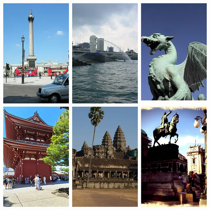 Photo collage of some cities I have lived in: London, Singapore, Ljubljana, Belgrade, Siem Reap, Tokyo.