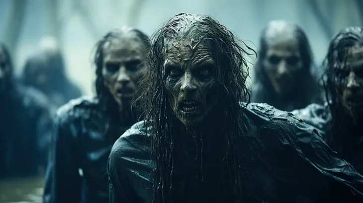 A group of terrifying looking long haired zombies in a dim light and looking very wet. AI created.