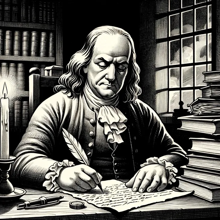 Cartoon of a man writing on a piece of paper in a study with many books around. A candle lights the room.