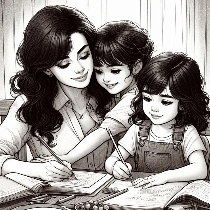 Mom helping her daughters with homework