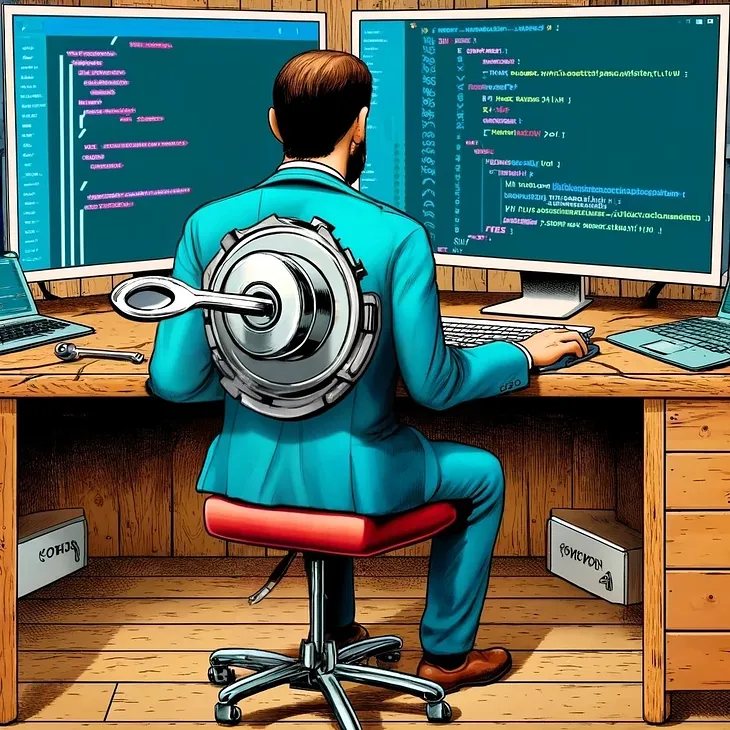 IMAGE: A comic-style illustration of a developer seated in front of two screens full of code, with a wind-up mechanism on his back