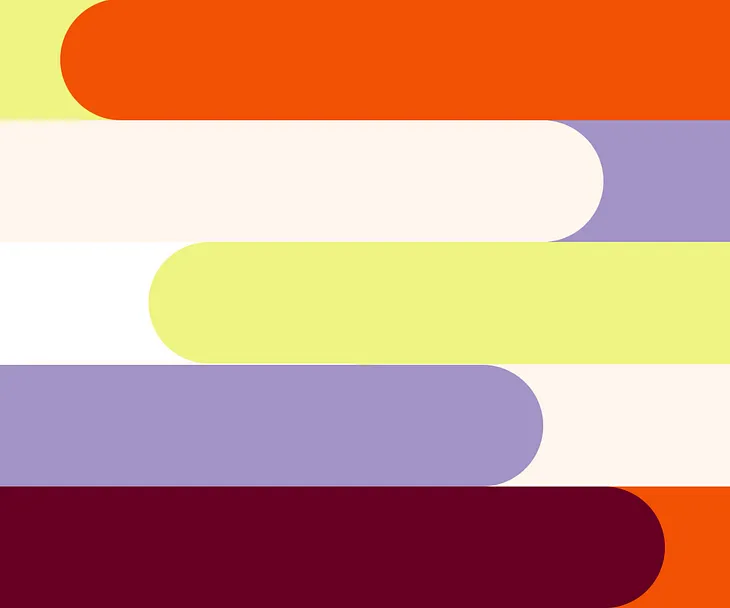 Colorful graphic of stripes with one rounded end in purples, oranges, and yellow. Designed by Kate Agena.