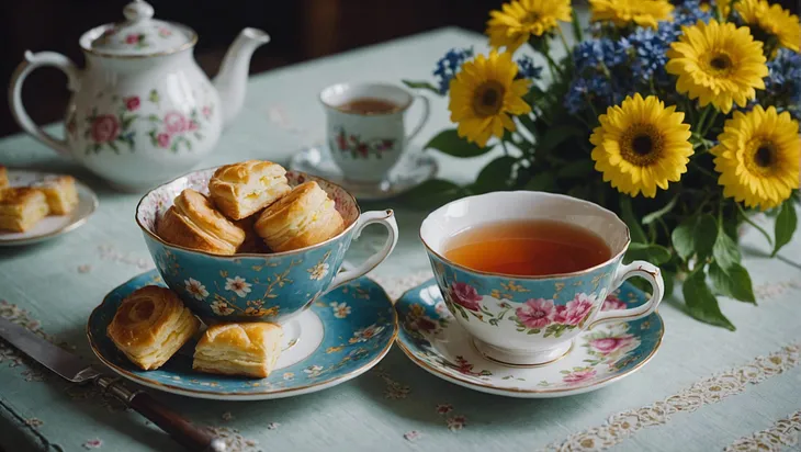 The perfect cup of hot Earl Grey tea and scones for breakfast in china teacups