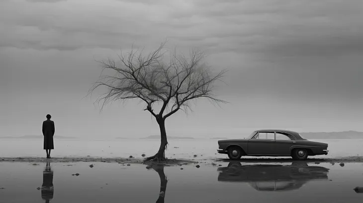 Black and white photo of woman facing water with an old fashioned car nearby