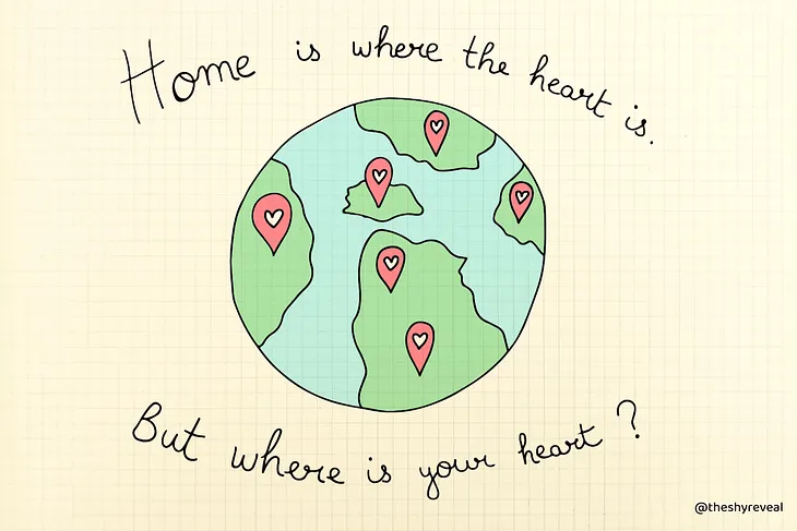 “Home is where the heart is. But where is your heart?” Drawing of the Earth with several ‘heart’ destinations.