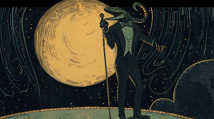 Cartoon of a scorpion in a tuxedo standing at a microphone on a stage in the cosmos.